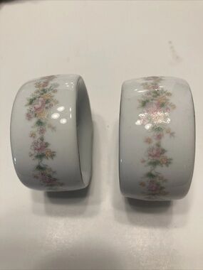 Vintage KS Porcelain China Silver Trim Pink Floral Pattern Napkin Rings Set of 2